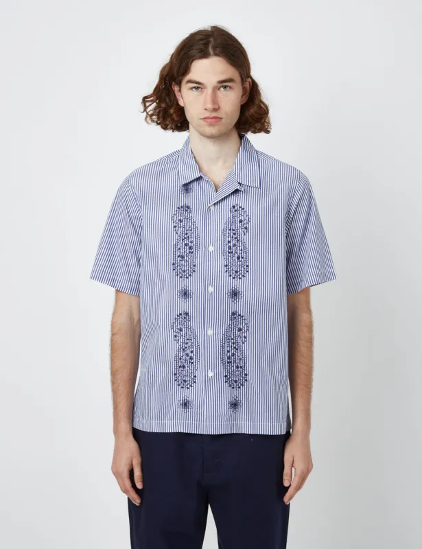 Universal Works Road Trip Shirt (Poplin Stripe) - Navy Blue/White sold by Article London