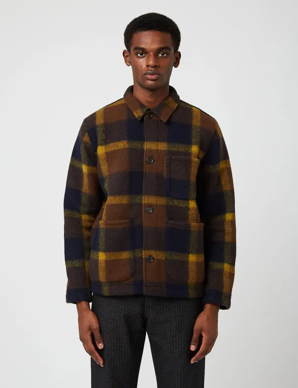 Universal Works Field Jacket (Large Plaid Fleece) - Navy Blue/Yellow made by Universal Works