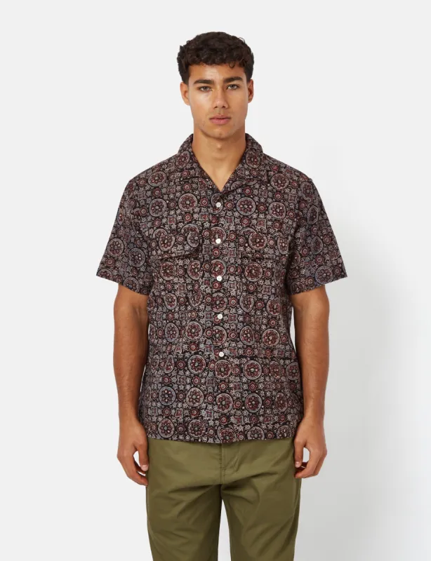 Beams Plus Open Collar Short Sleeve Shirt (Ajrak Print) - Black sold by Article London