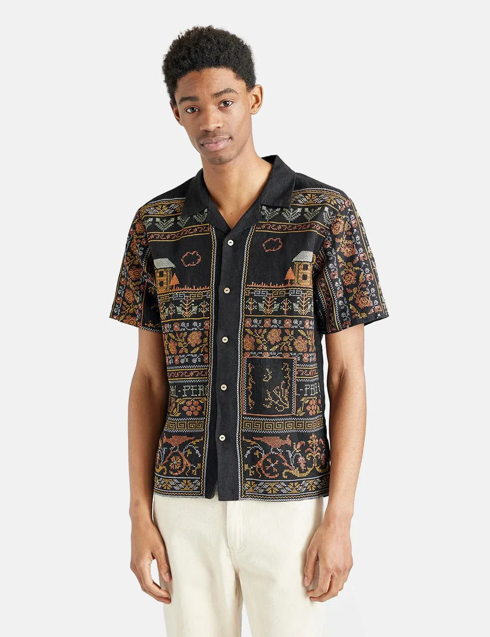 Percival Fairytale Tapestry Short Sleeve Shirt (Linen) - Black sold by Article London