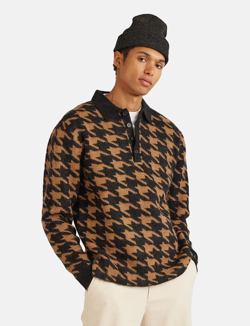 Percival Houndstooth Rugby Shirt (Mohair) - Tan Brown sold by Article London