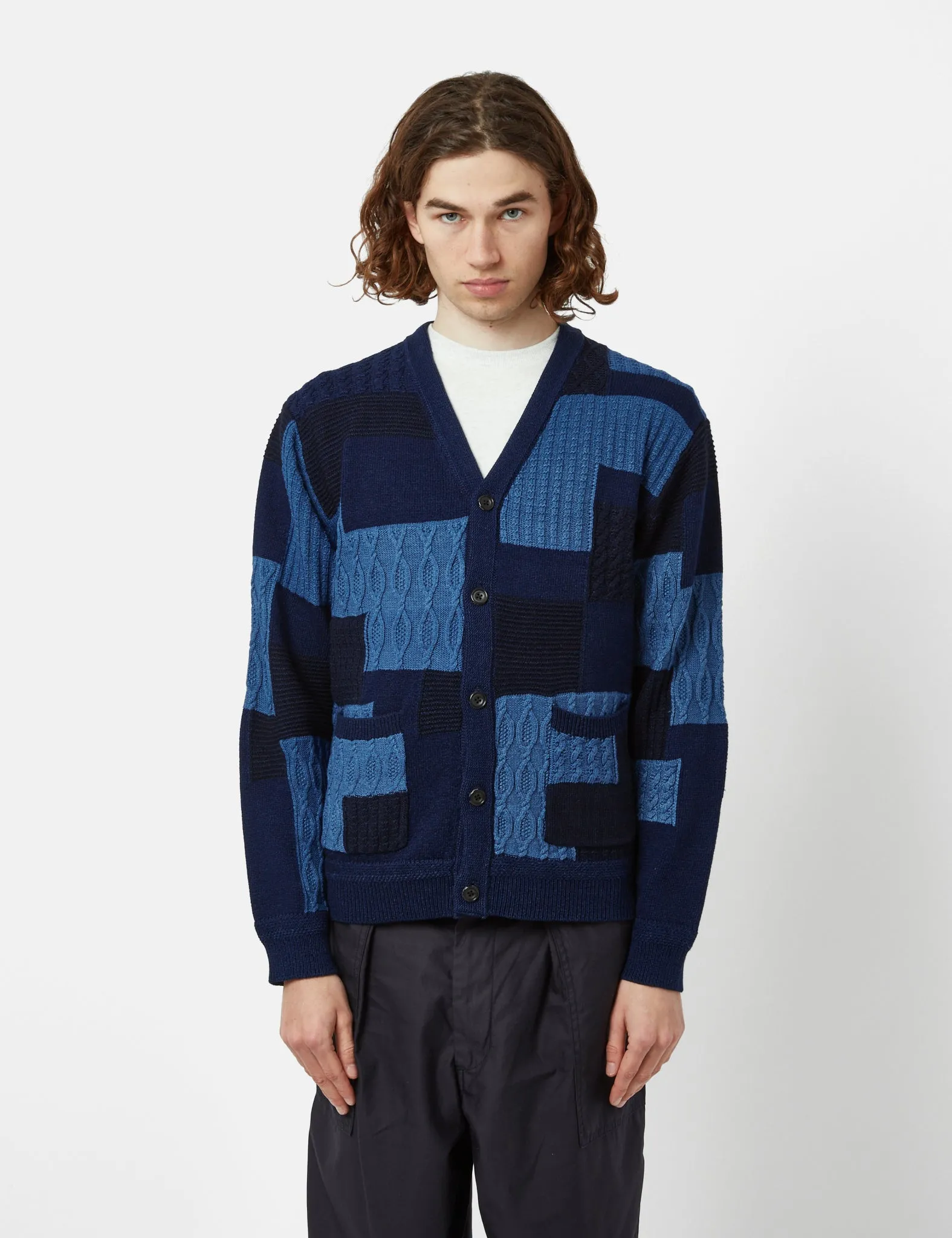 Beams Plus Patchwork Cardigan (Jacquard) - Indigo Blue sold by Article London