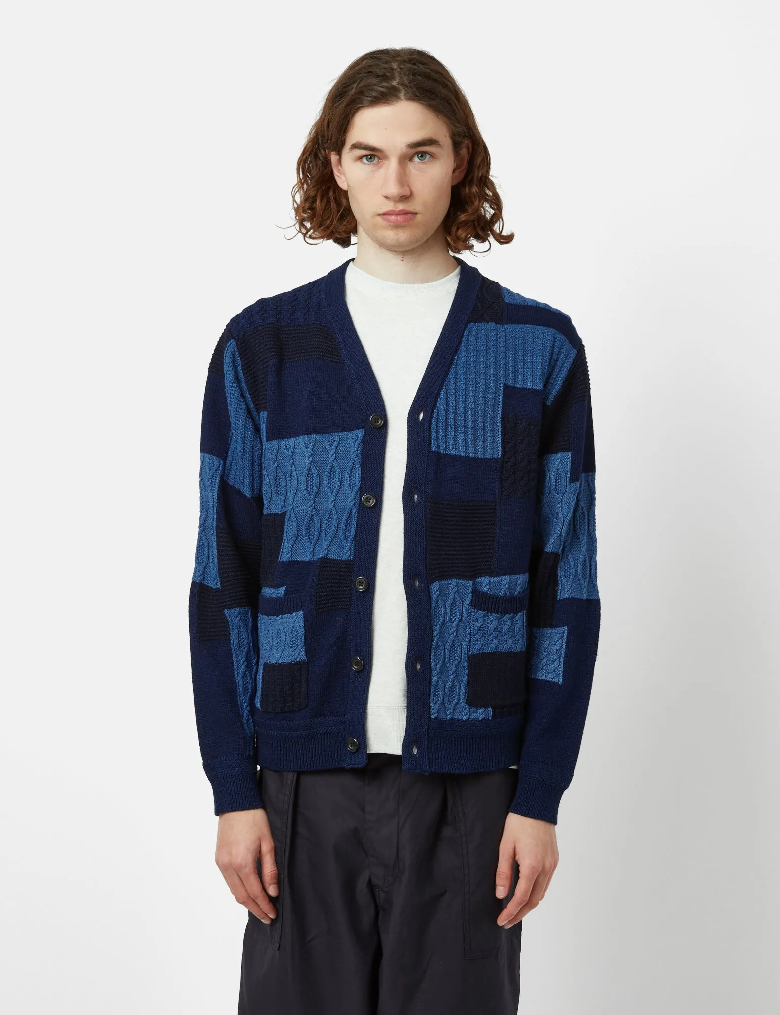 Beams Plus Patchwork Cardigan (Jacquard) - Indigo Blue sold by Article London product image thumbnail 3