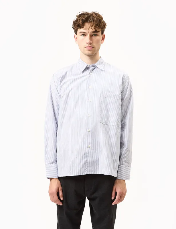 Universal Works Square Pocket Stripe Shirt (Cotton) - Navy Blue sold by Article London