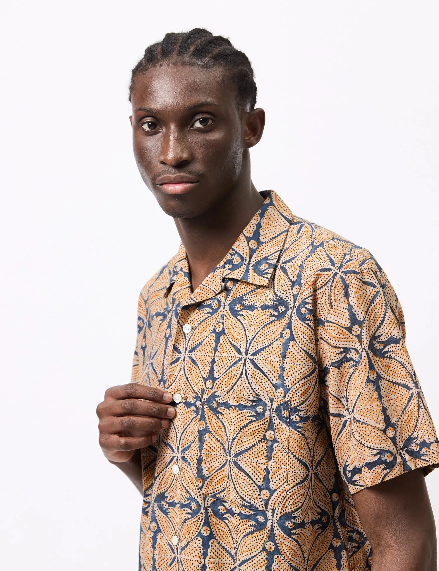Beams Plus Open Collar Block Print Shirt - Blue sold by Article London product image thumbnail 2