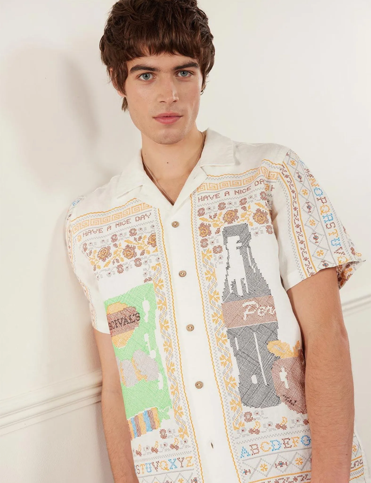 Percival Meal Deal Cross Stitch Linen Shirt - White sold by Article London product image thumbnail 2