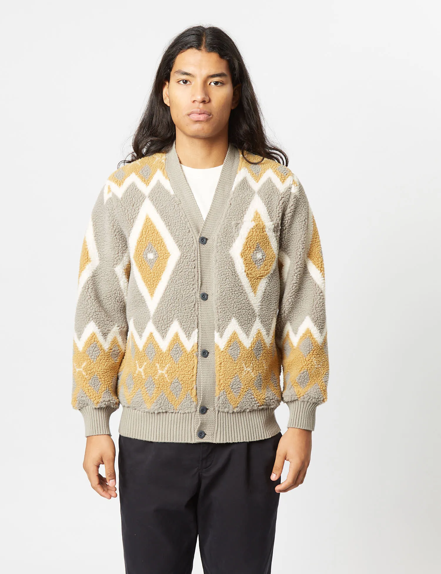 Beams Plus Boa Cardigan - Light Grey/Mustard sold by Article London