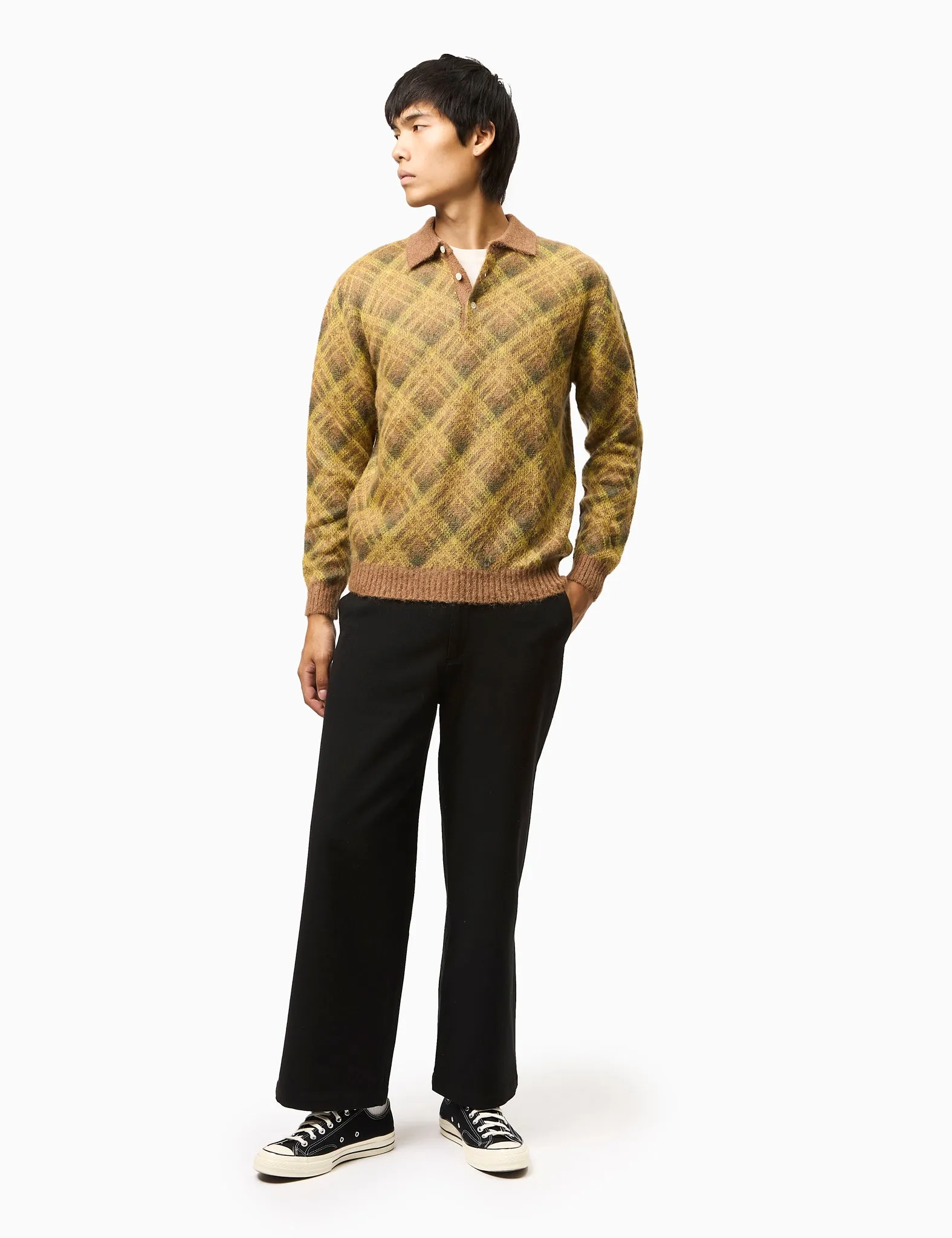 Beams Plus Argyle Shaggy Knit Polo - Brown sold by Article London product image thumbnail 3