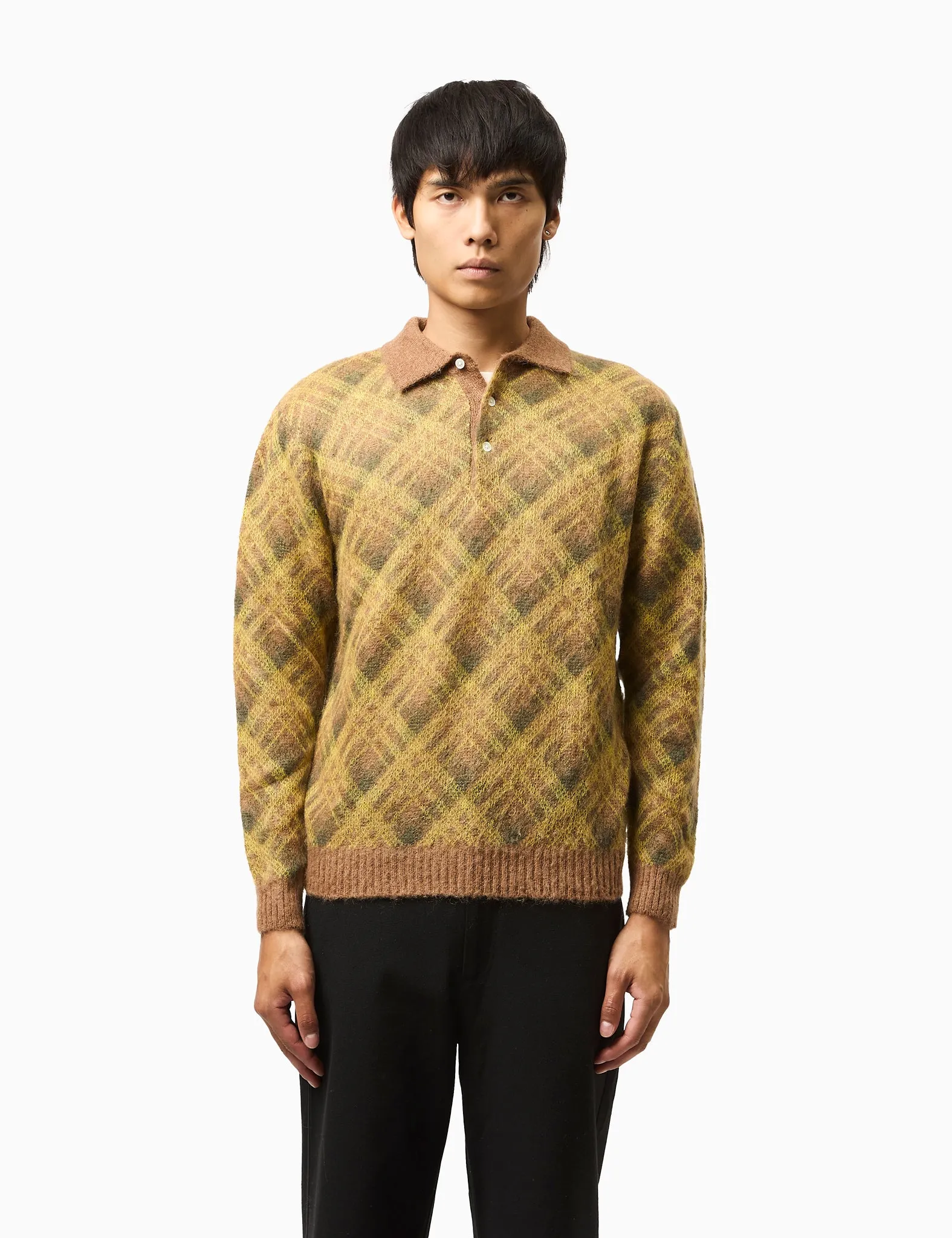 Beams Plus Argyle Shaggy Knit Polo - Brown sold by Article London