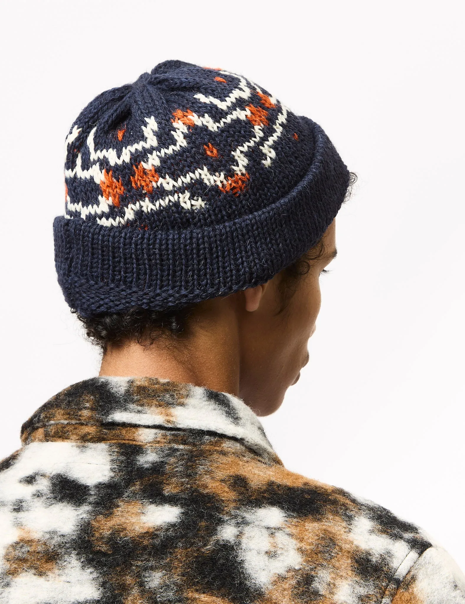 Universal Works Short Watch Beanie Hat (British Wool) - Navy/Ecru sold by Article London