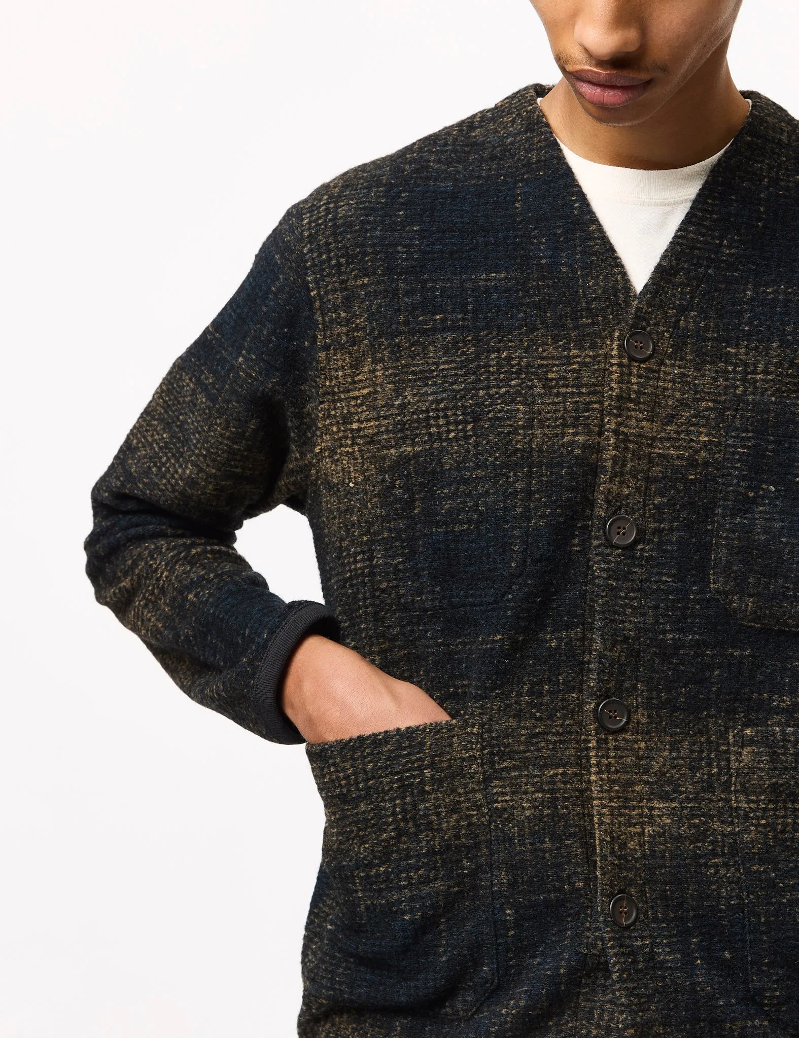 Universal Works Check Fleece Cardigan - Navy Blue/Sand sold by Article London product image thumbnail 2