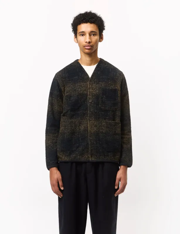 Universal Works Check Fleece Cardigan - Navy Blue/Sand sold by Article London