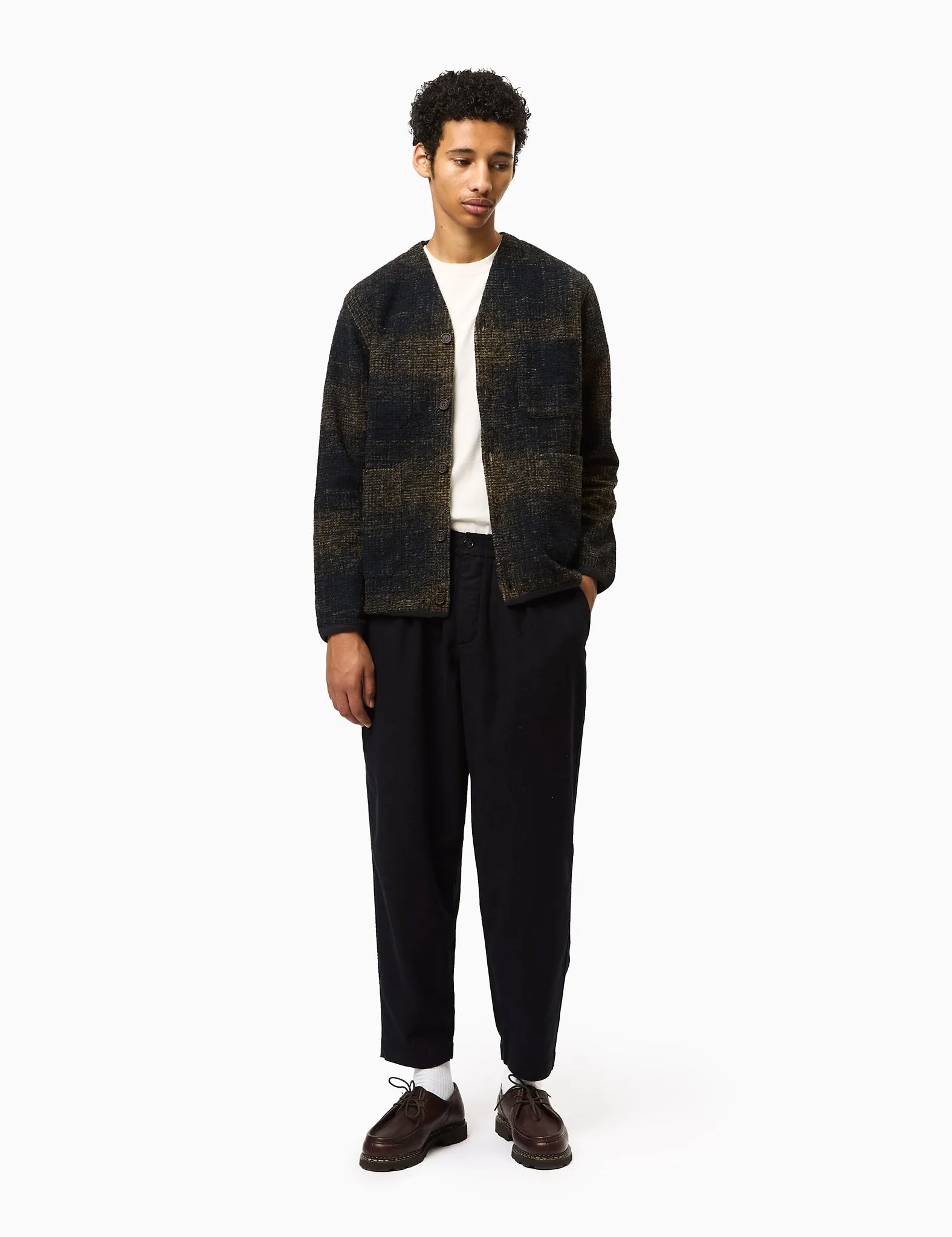 Universal Works Check Fleece Cardigan - Navy Blue/Sand sold by Article London product image thumbnail 3