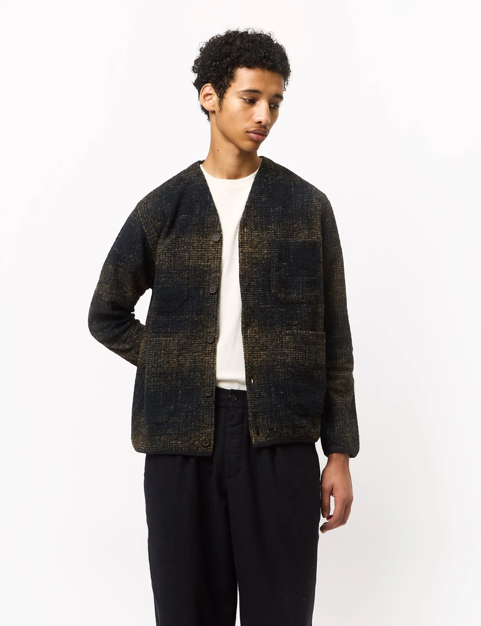 Universal Works Check Fleece Cardigan - Navy Blue/Sand sold by Article London product image thumbnail 4
