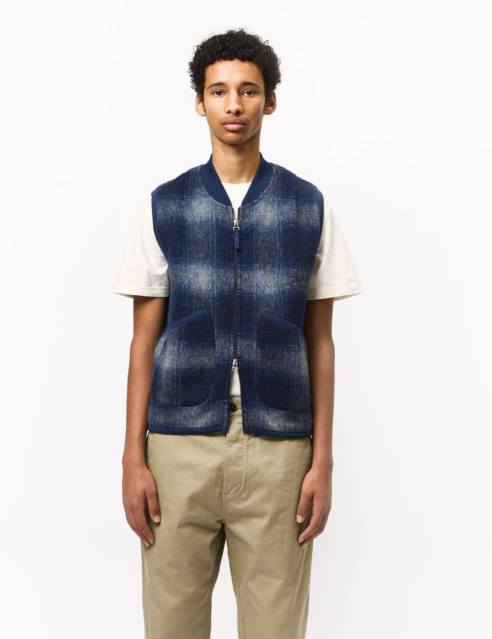 Universal Works Zip Waistcoat (Fresco Fleece) - Navy/Grey sold by Article London