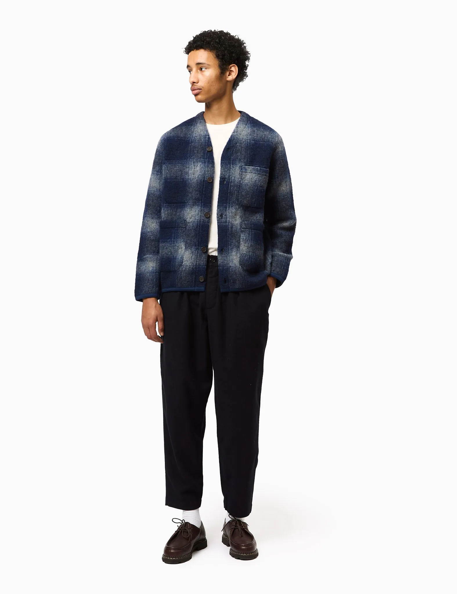 Universal Works Cardigan (Fresco Fleece) - Navy Blue/Grey sold by Article London product image thumbnail 3