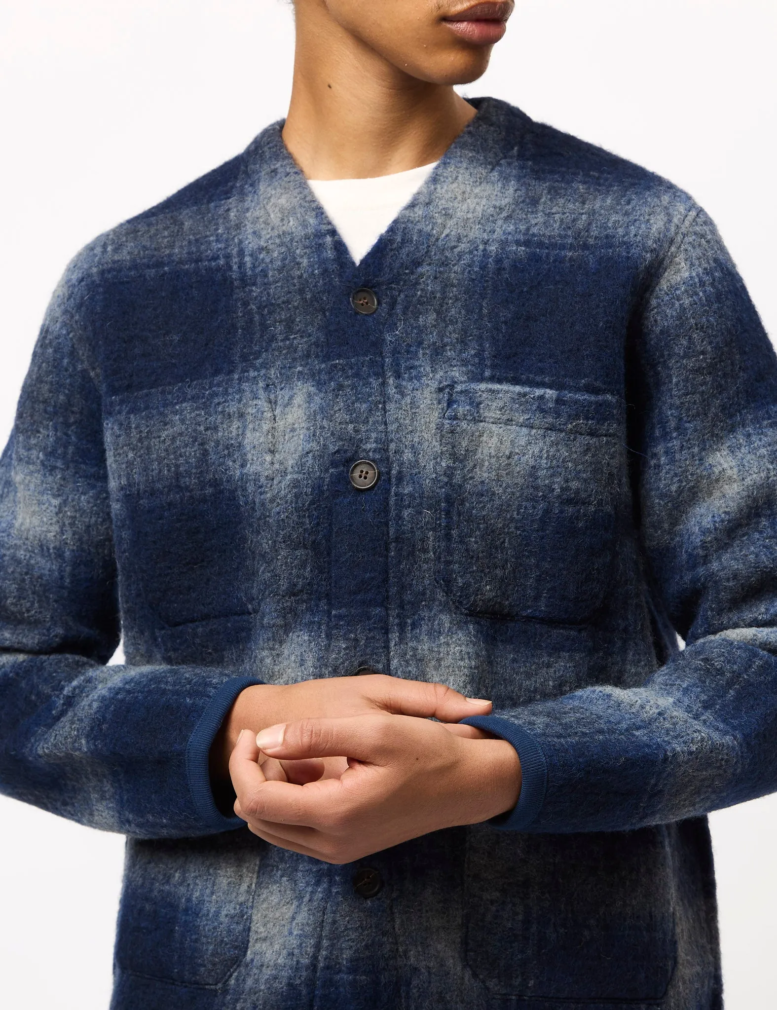 Universal Works Cardigan (Fresco Fleece) - Navy Blue/Grey sold by Article London product image thumbnail 2