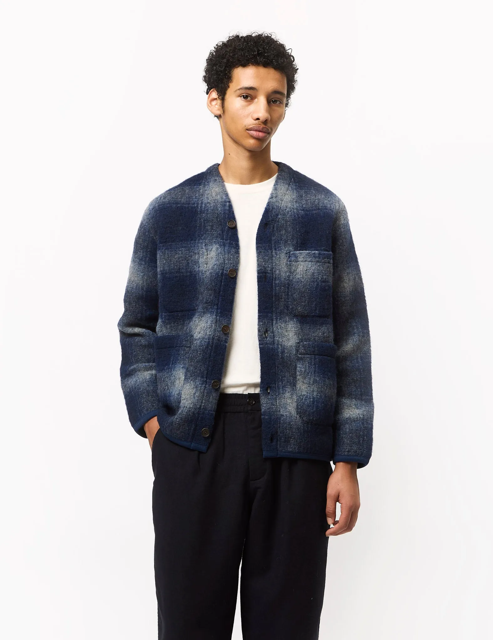 Universal Works Cardigan (Fresco Fleece) - Navy Blue/Grey sold by Article London product image thumbnail 4