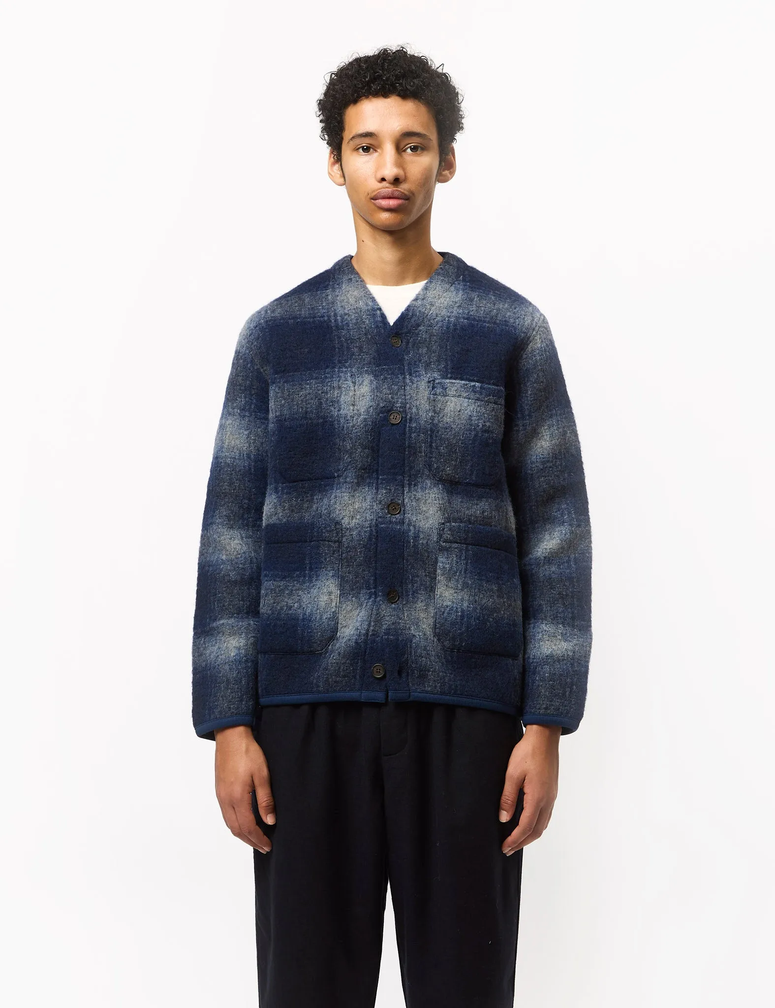 Universal Works Cardigan (Fresco Fleece) - Navy Blue/Grey sold by Article London