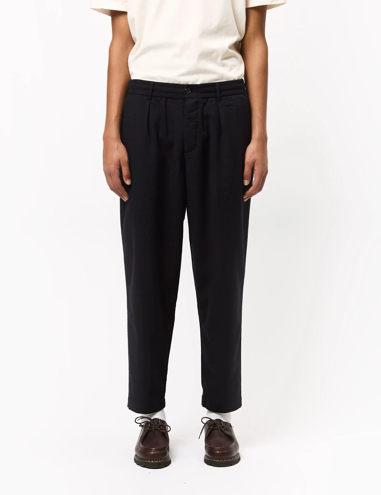 Universal Works Pleated Track Pant (Italian Tweed) - Navy Blue sold by Article London