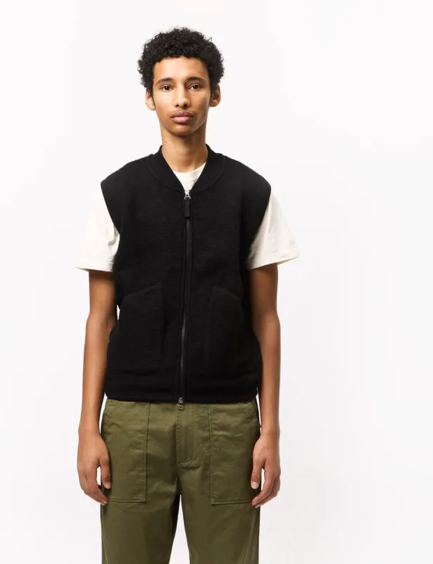 Universal Works Zip Waistcoat (Wool Fleece) - Black sold by Article London