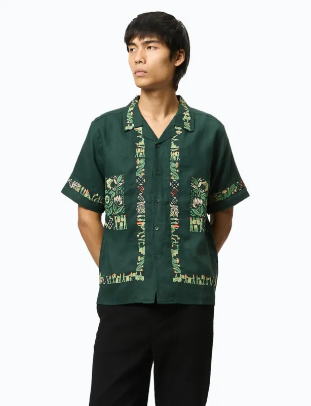 Percival Import Embroidered Cuban Shirt (Linen) - Forest Green sold by Article London
