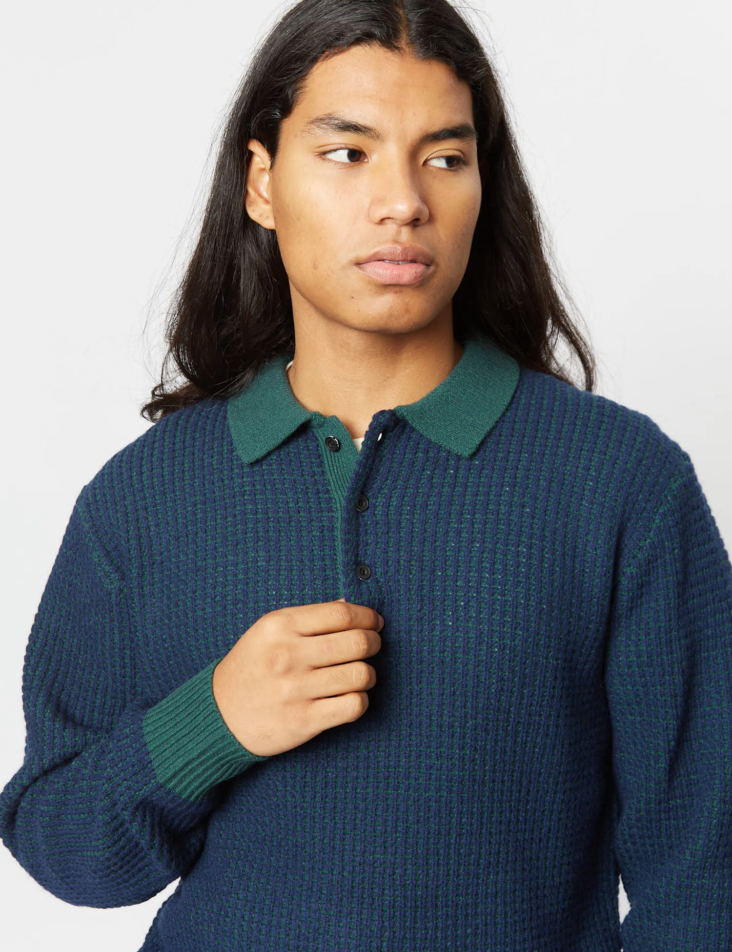 Beams Plus Knit Polo (Crochet) - Green/Navy sold by Article London product image thumbnail 2