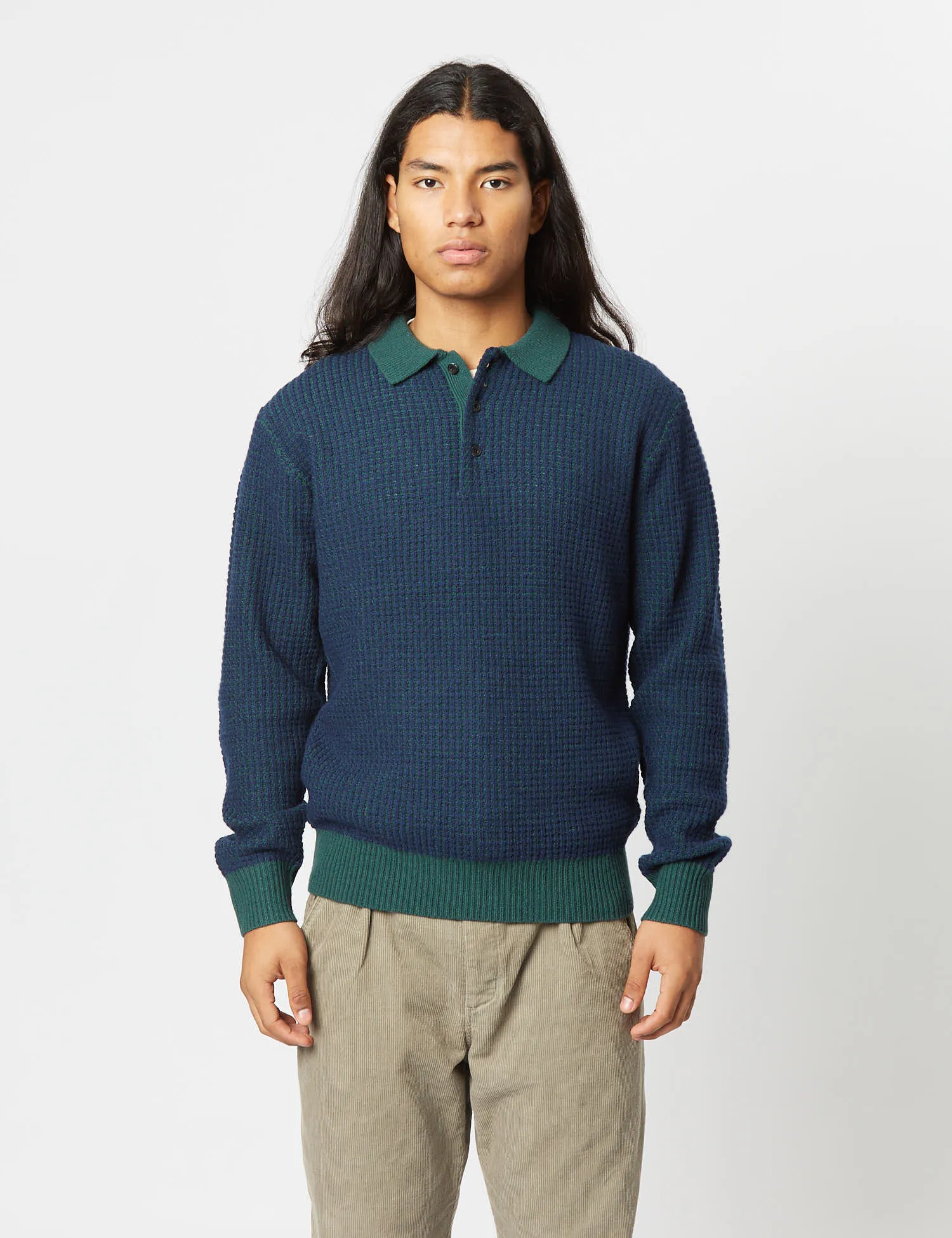 Beams Plus Knit Polo (Crochet) - Green/Navy sold by Article London