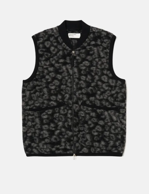 Universal Works Zip Fleece Waistcoat (Leopard) - Black/Charcoal sold by Article London
