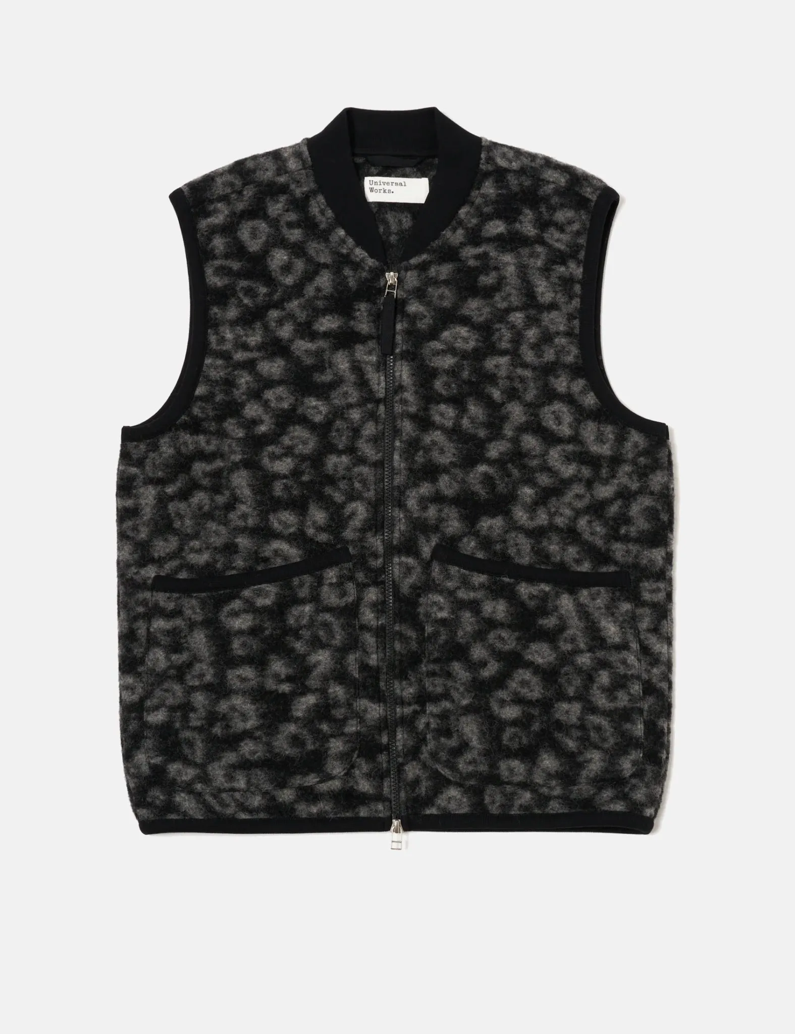 Universal Works Zip Fleece Waistcoat (Leopard) - Black/Charcoal sold by Article London