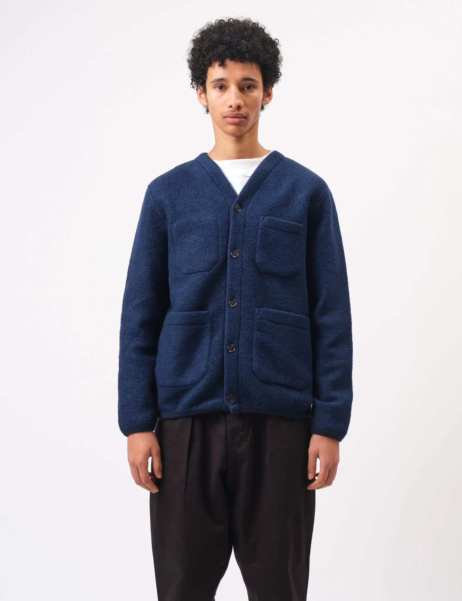 Universal Works Wool Fleece Cardigan - Indigo Blue sold by Article London