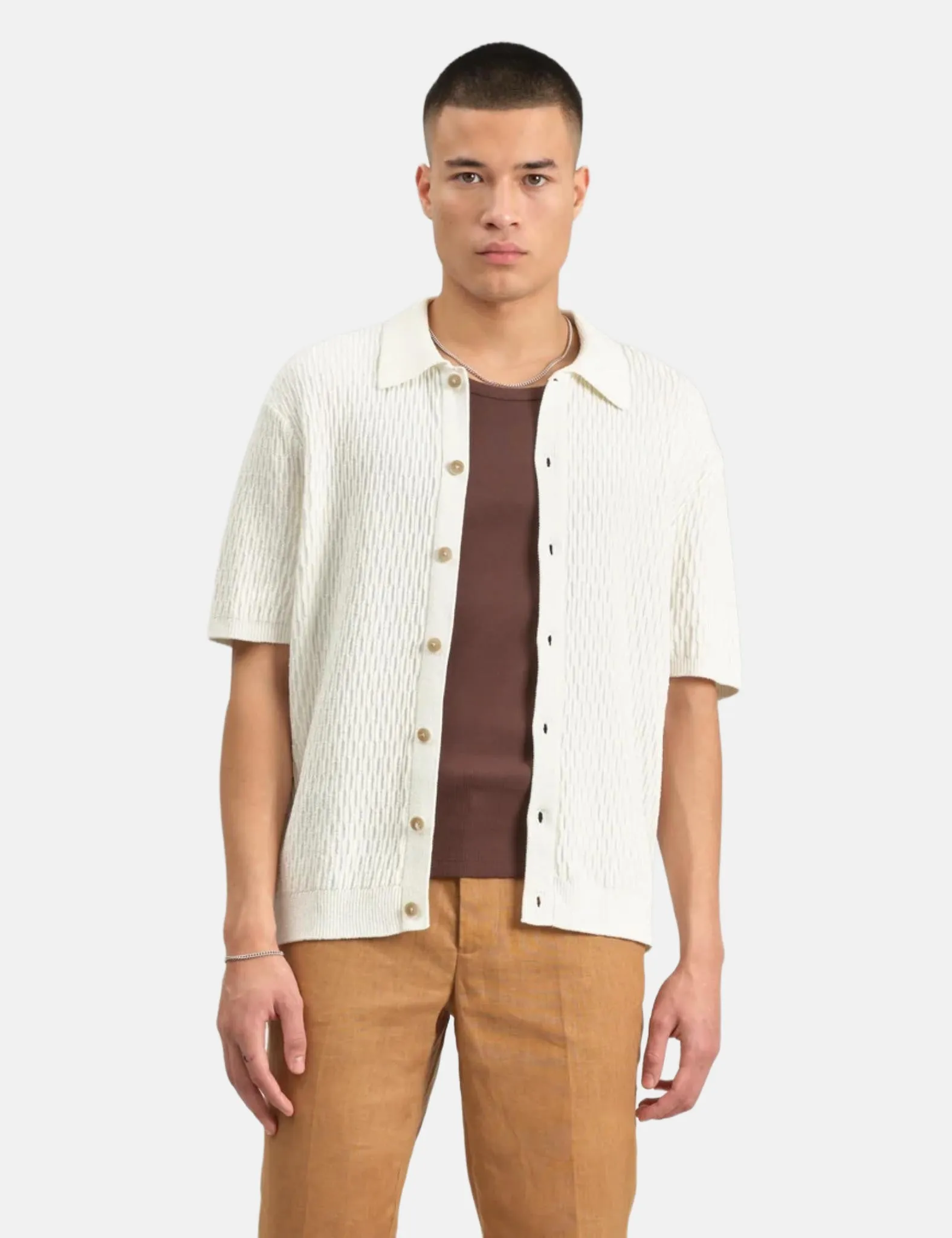 Wax London Tellaro Short Sleeve Shirt (Honeycomb Cable) - Ecru sold by Article London