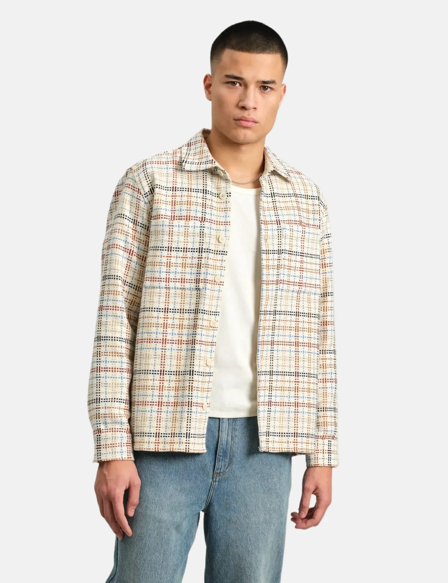 Wax London Whiting Overshirt (Yard Check) - Ecru/Multi sold by Article London