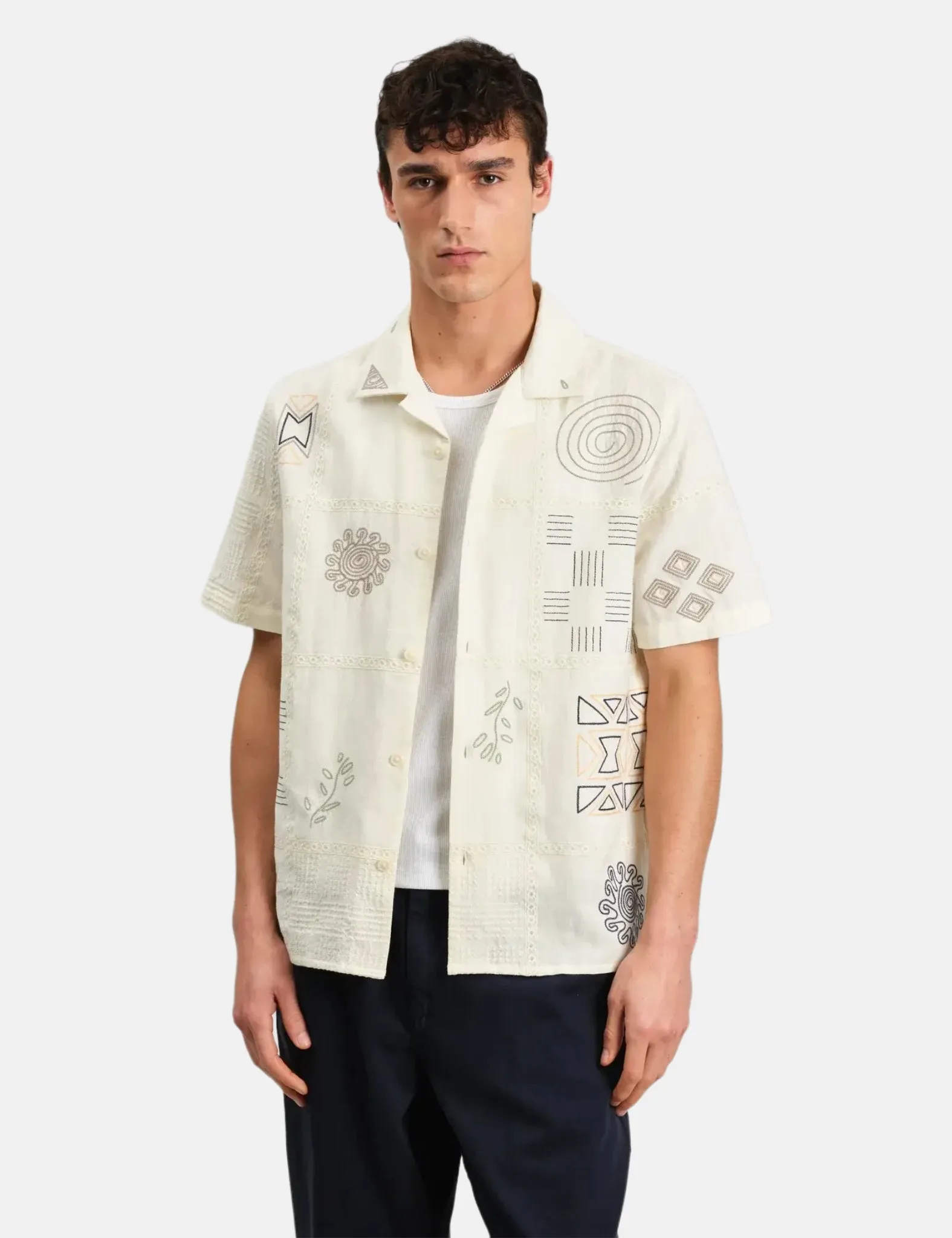 Wax London Didcot Short Sleeve Shirt (Doodle Embroidery) - Ecru/Multi sold by Article London