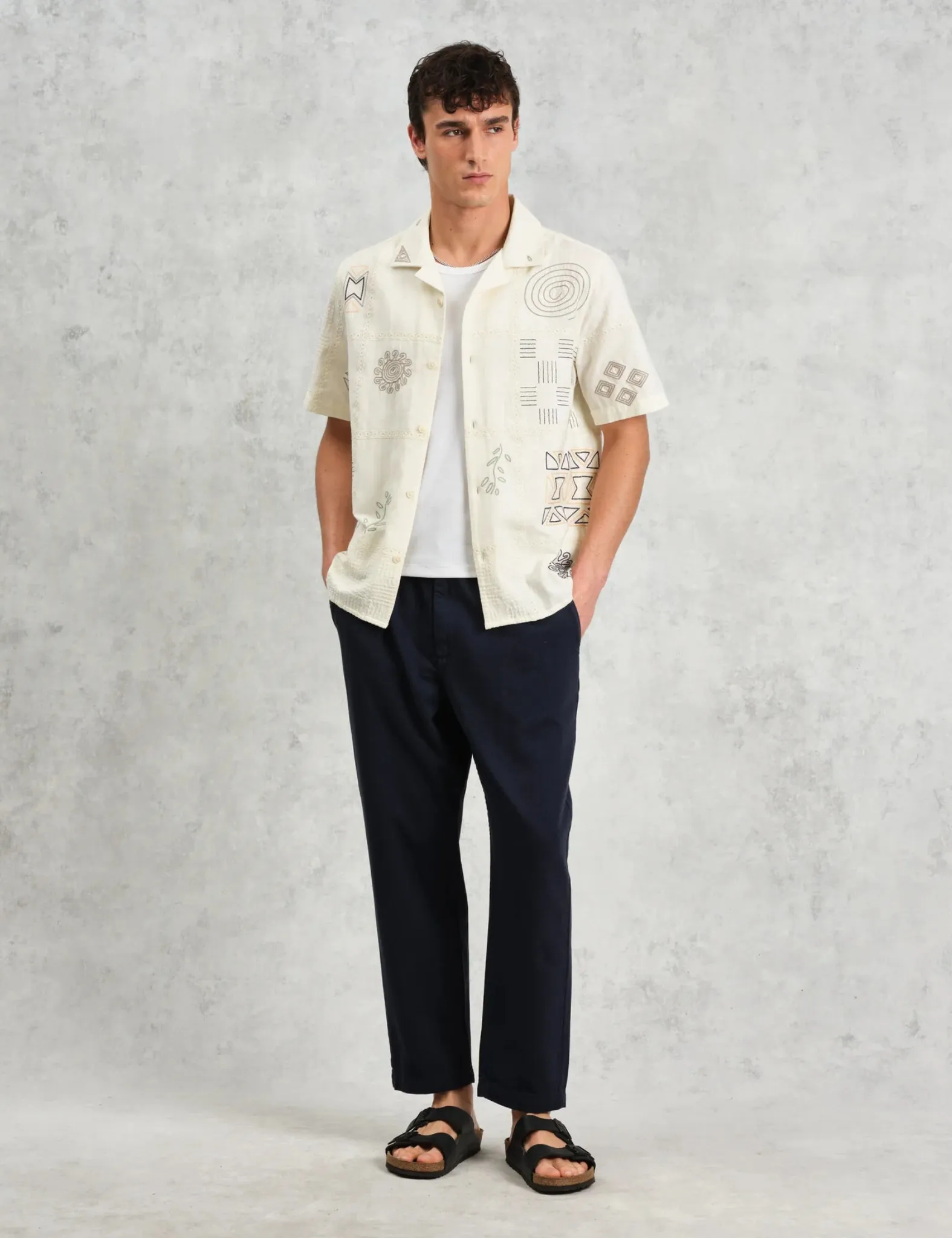 Wax London Didcot Short Sleeve Shirt (Doodle Embroidery) - Ecru/Multi sold by Article London product image thumbnail 3