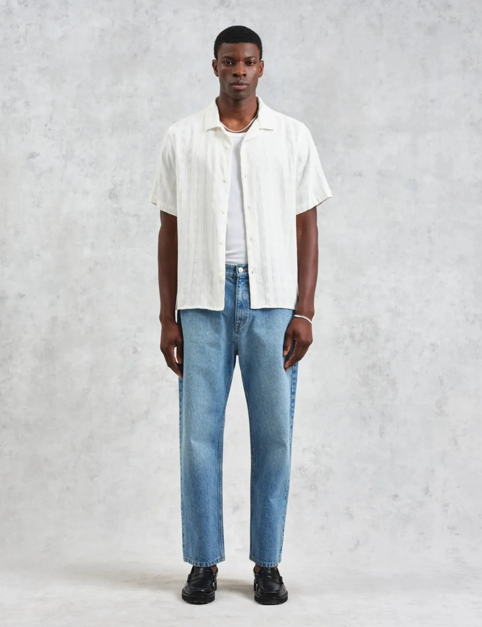 Wax London Didcot Short Sleeve Shirt (Open Weave Grid) - Ecru sold by Article London product image thumbnail 3