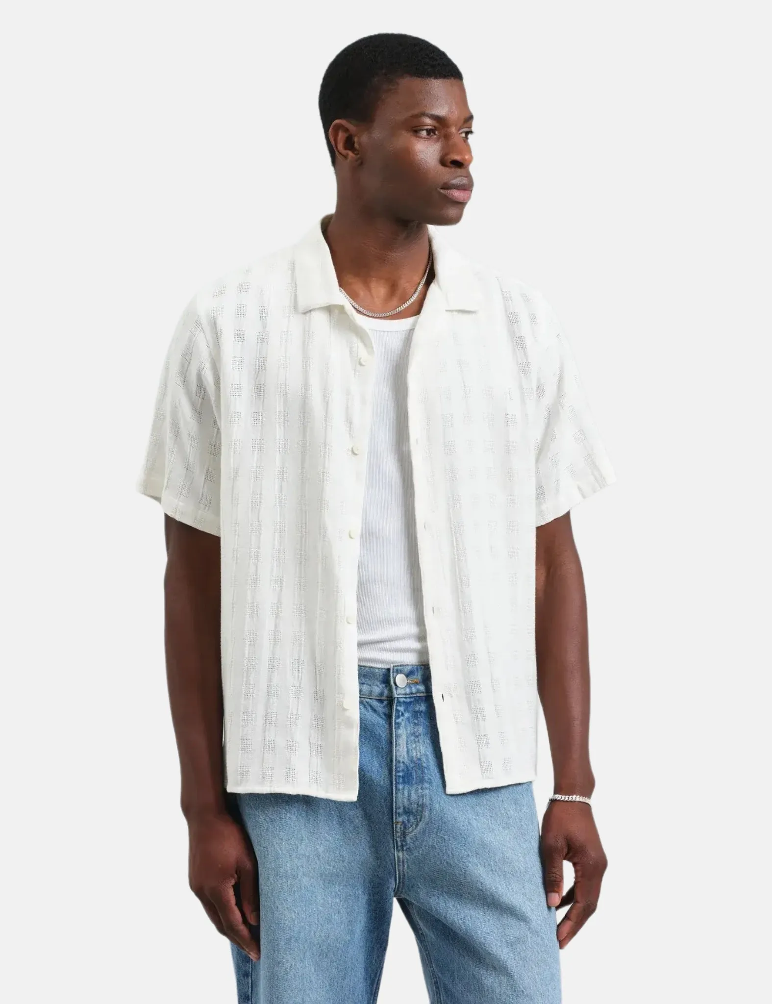 Wax London Didcot Short Sleeve Shirt (Open Weave Grid) - Ecru sold by Article London