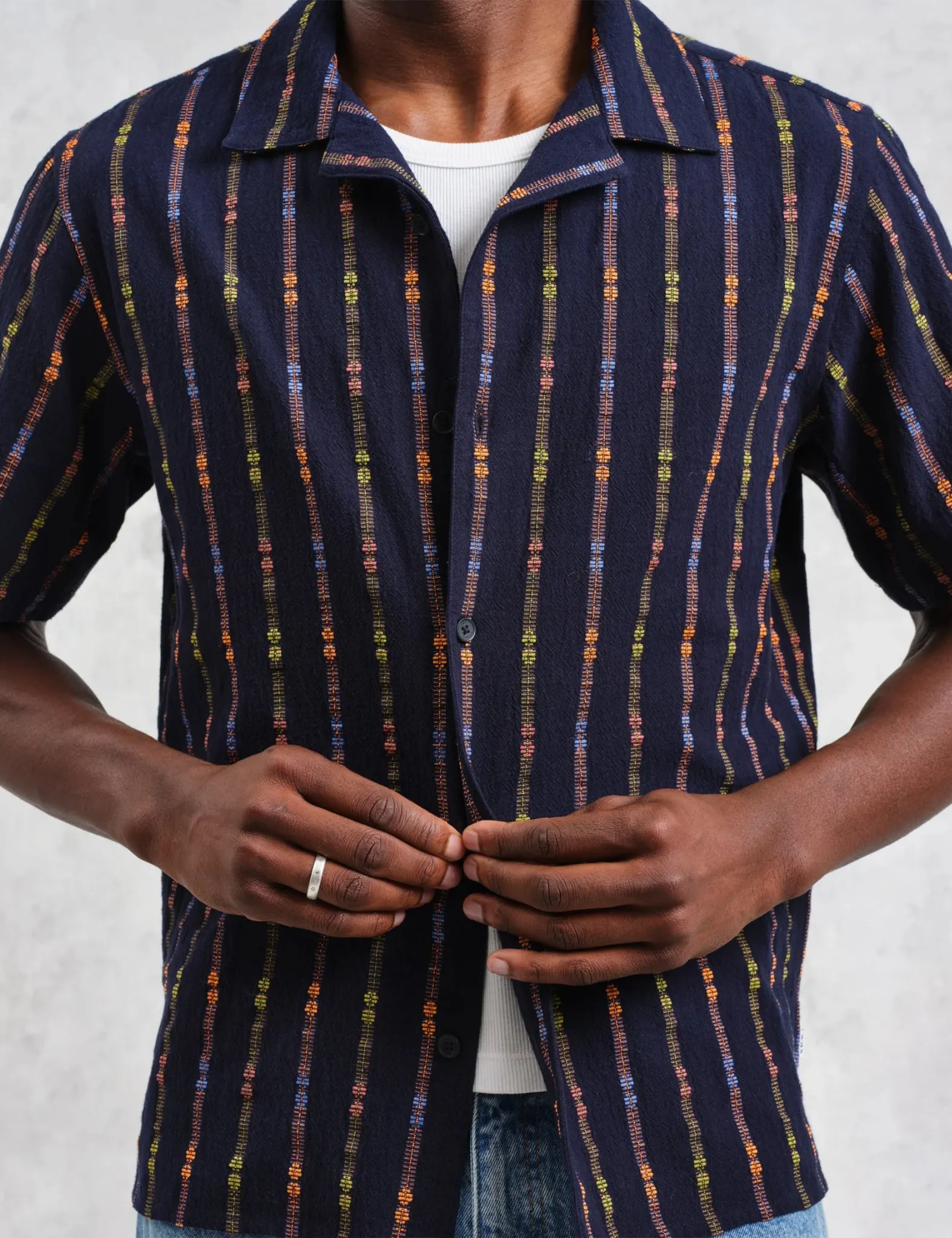 Wax London Didcot Short Sleeve Shirt (Loom Stripe) - Navy Blue/Orange sold by Article London product image thumbnail 2