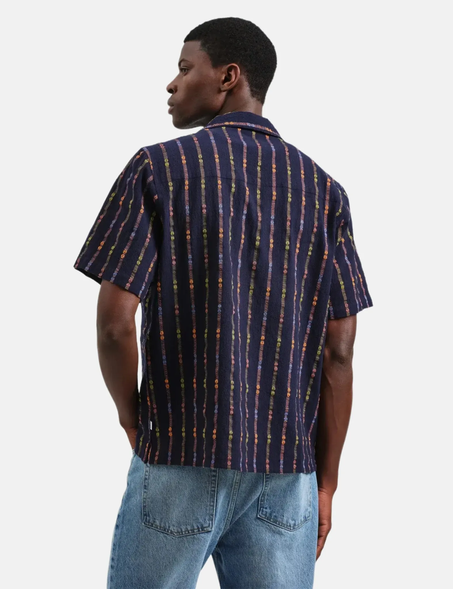 Wax London Didcot Short Sleeve Shirt (Loom Stripe) - Navy Blue/Orange sold by Article London product image thumbnail 4