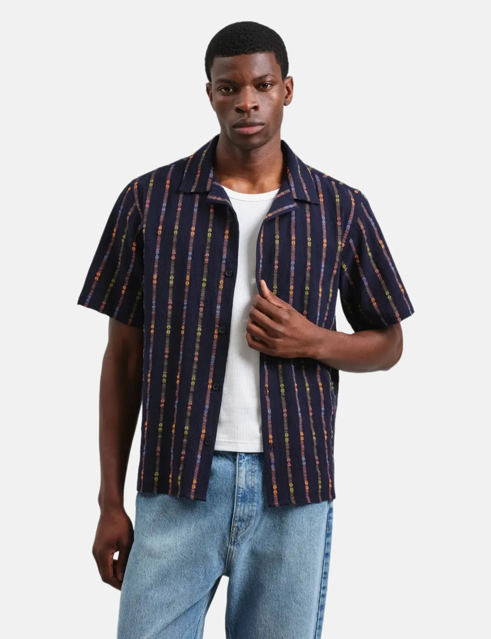 Wax London Didcot Short Sleeve Shirt (Loom Stripe) - Navy Blue/Orange sold by Article London