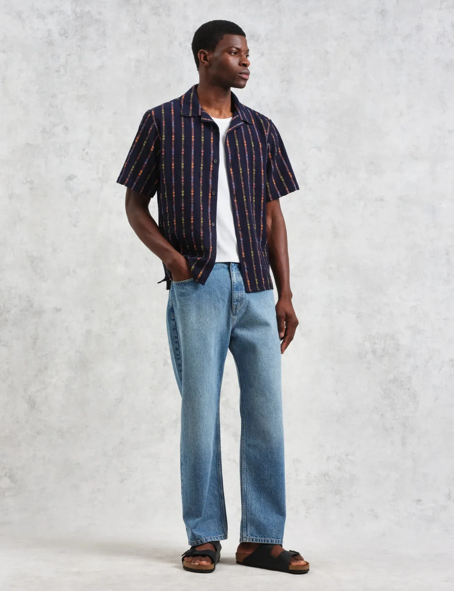 Wax London Didcot Short Sleeve Shirt (Loom Stripe) - Navy Blue/Orange sold by Article London product image thumbnail 3