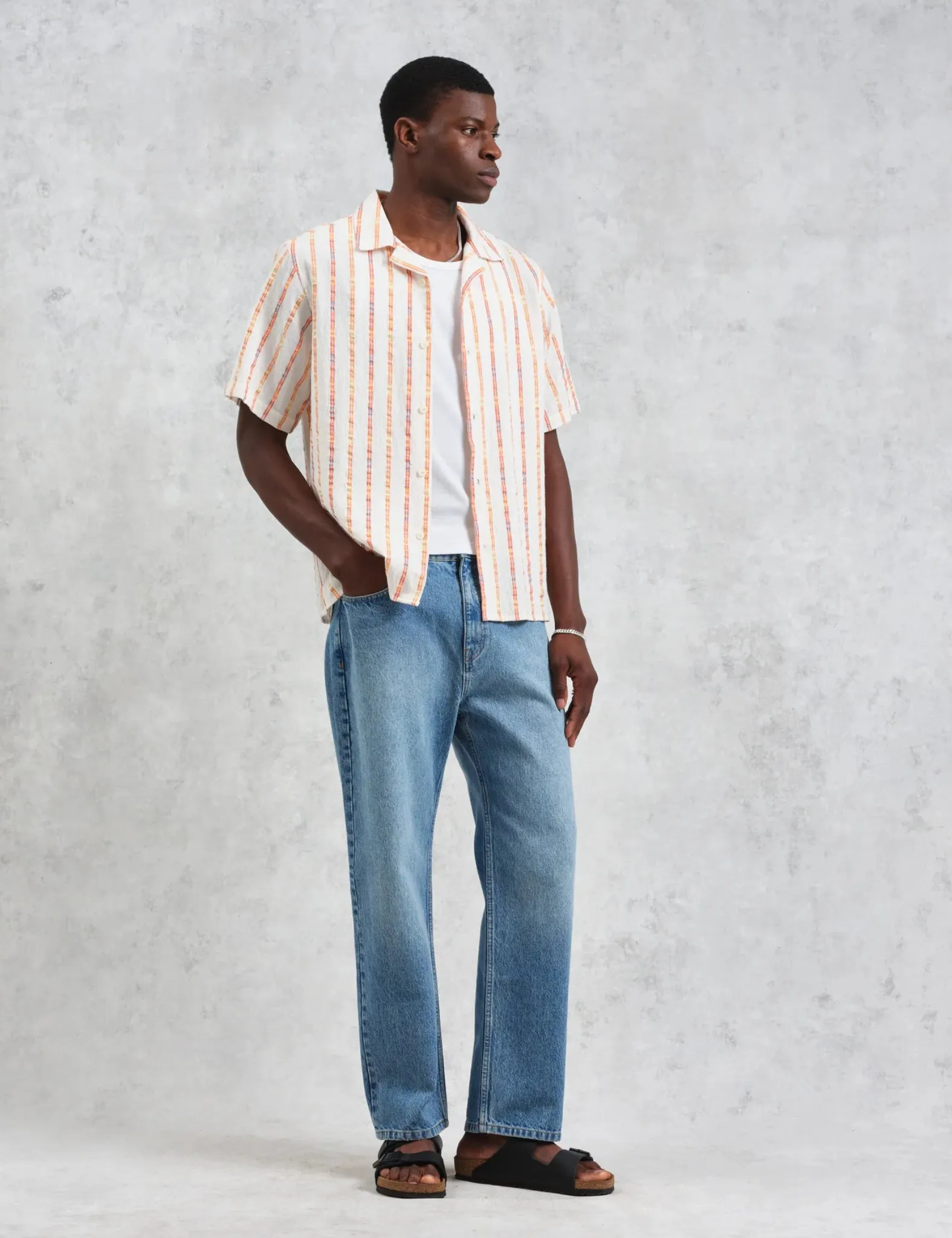 Wax London Didcot Short Sleeve Shirt (Loom Stripe) - Ecru/Orange sold by Article London product image thumbnail 3