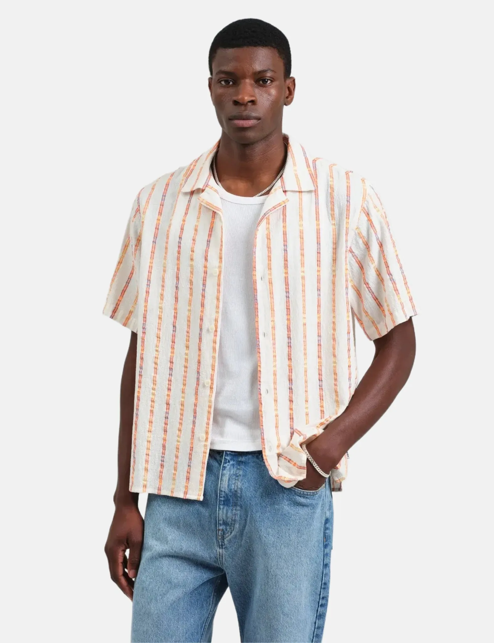 Wax London Didcot Short Sleeve Shirt (Loom Stripe) - Ecru/Orange sold by Article London