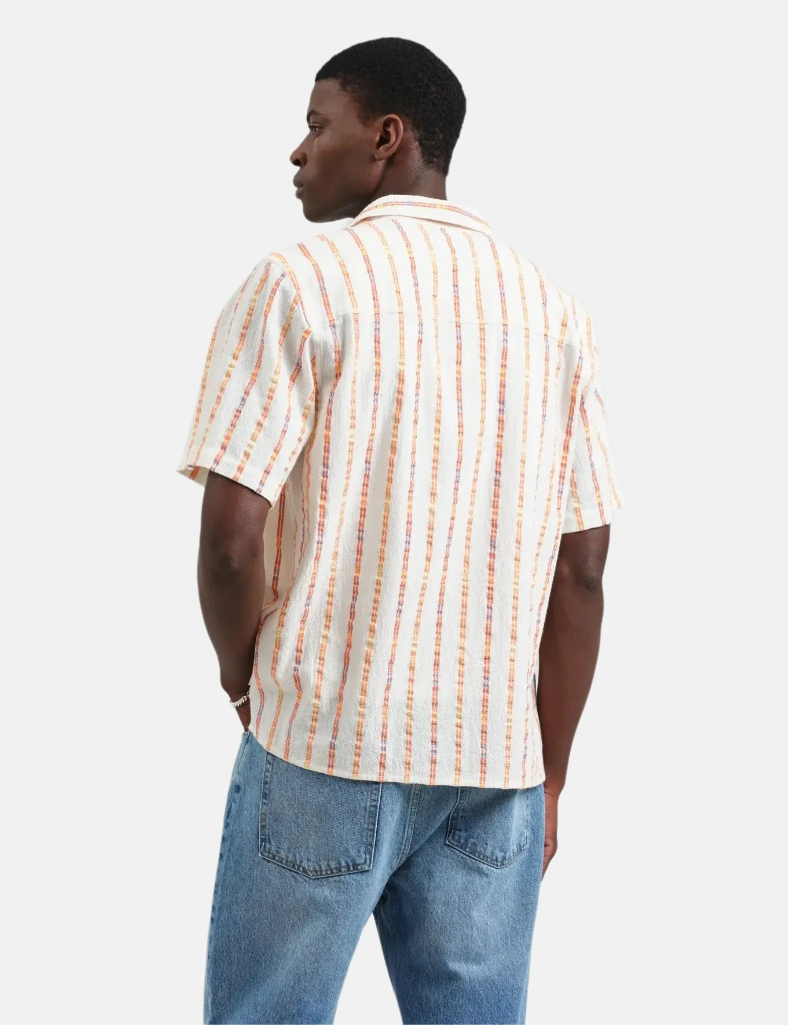 Wax London Didcot Short Sleeve Shirt (Loom Stripe) - Ecru/Orange sold by Article London product image thumbnail 4
