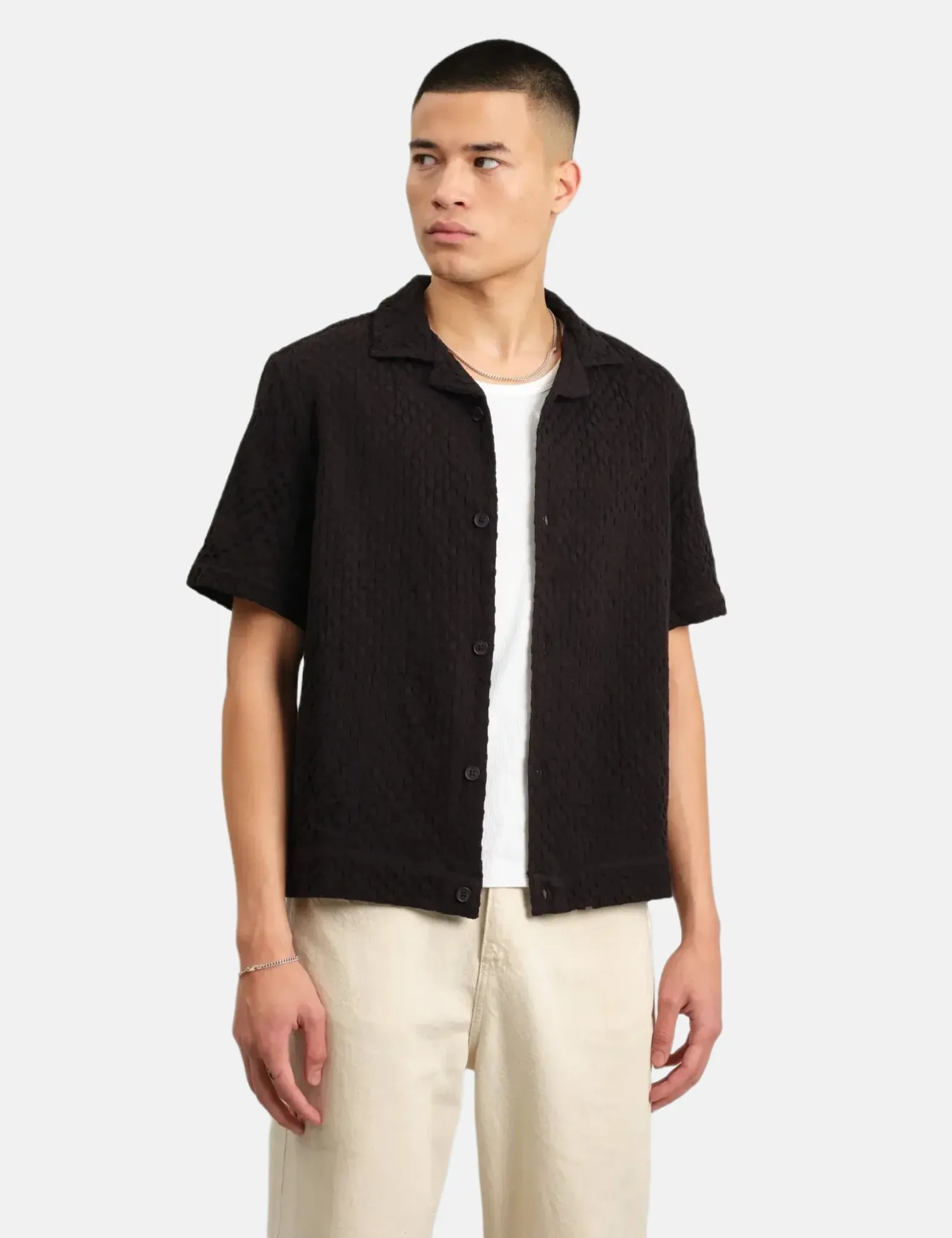 Wax London Lido Short Sleeve Shirt (Box Dobby) - Black sold by Article London