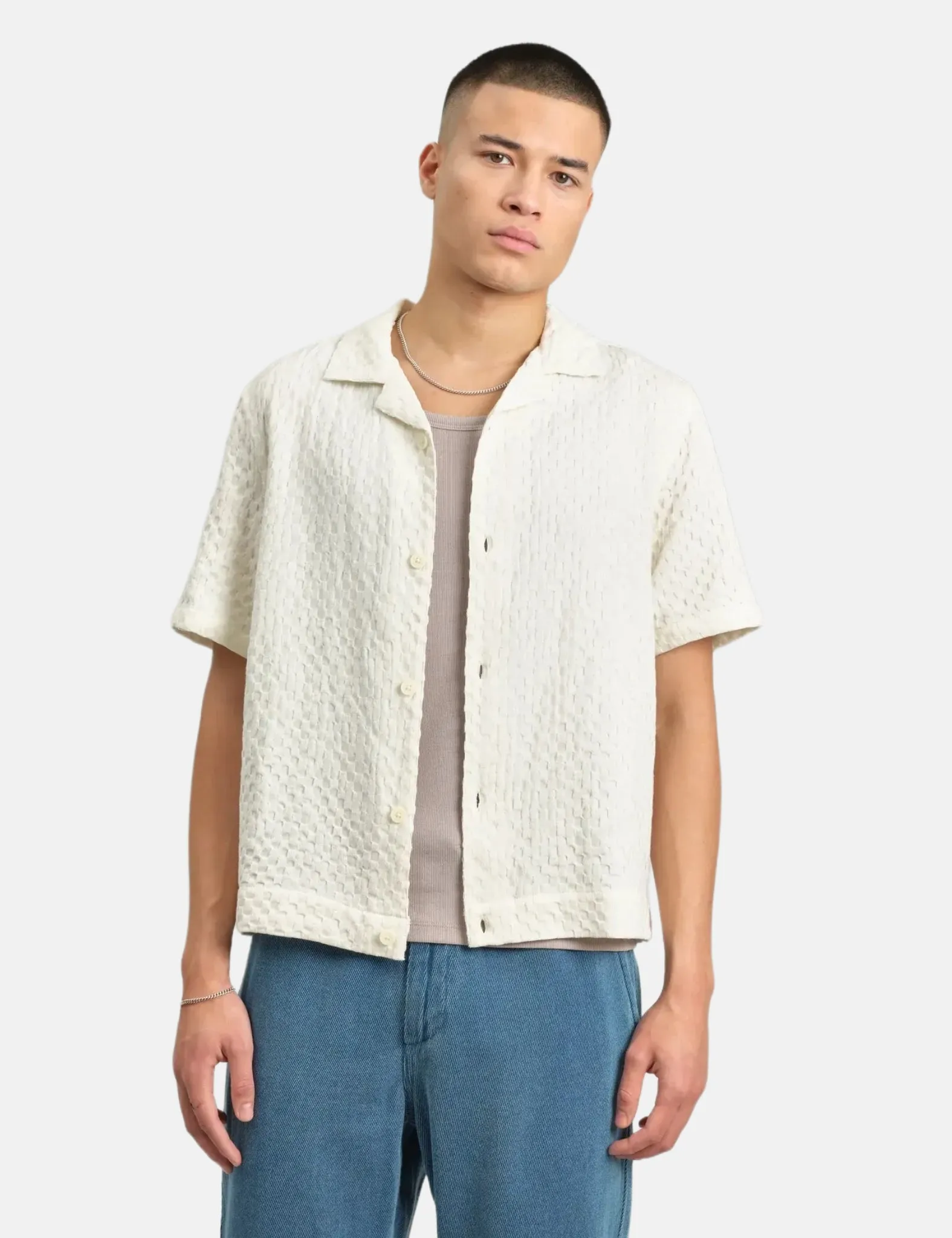 Wax London Lido Short Sleeve Shirt (Box Dobby) - Ecru sold by Article London
