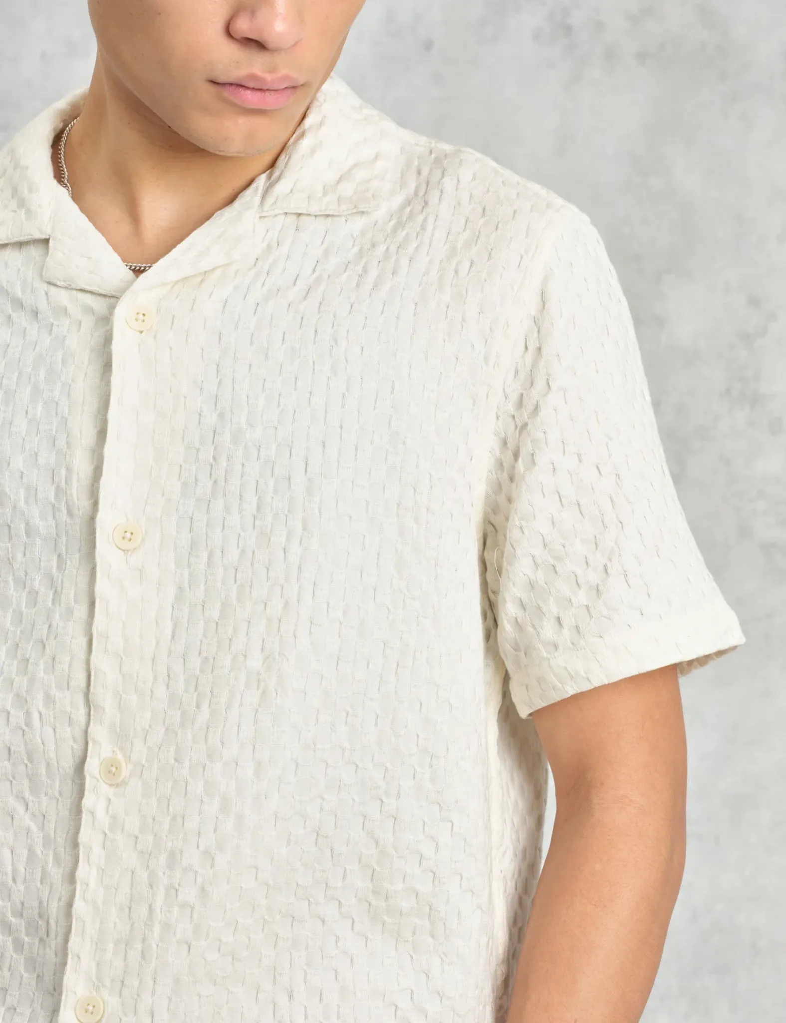 Wax London Lido Short Sleeve Shirt (Box Dobby) - Ecru sold by Article London product image thumbnail 2