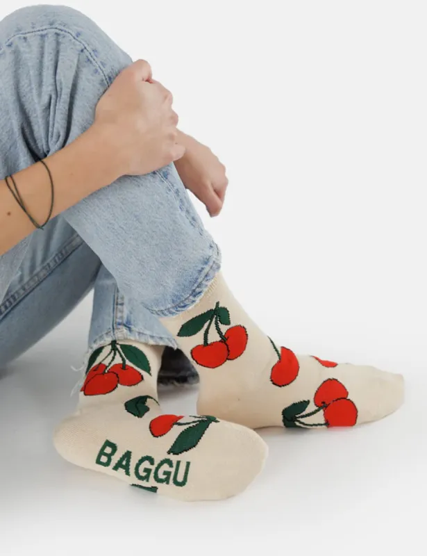 Baggu Crew Sock - Ecru Cherry made by Article London