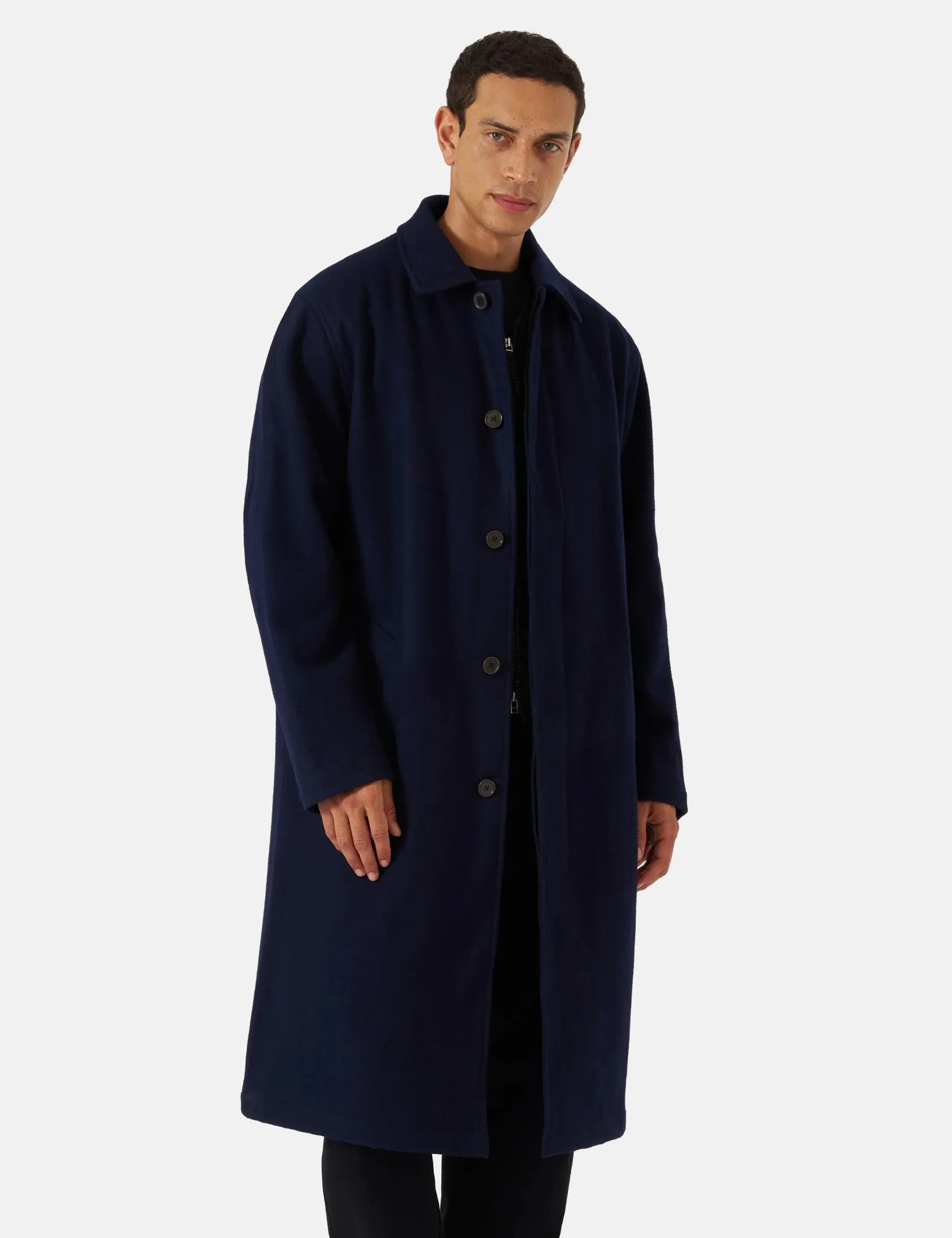 Universal Works Mowbray Wool Mac Coat - Navy Blue sold by Article London