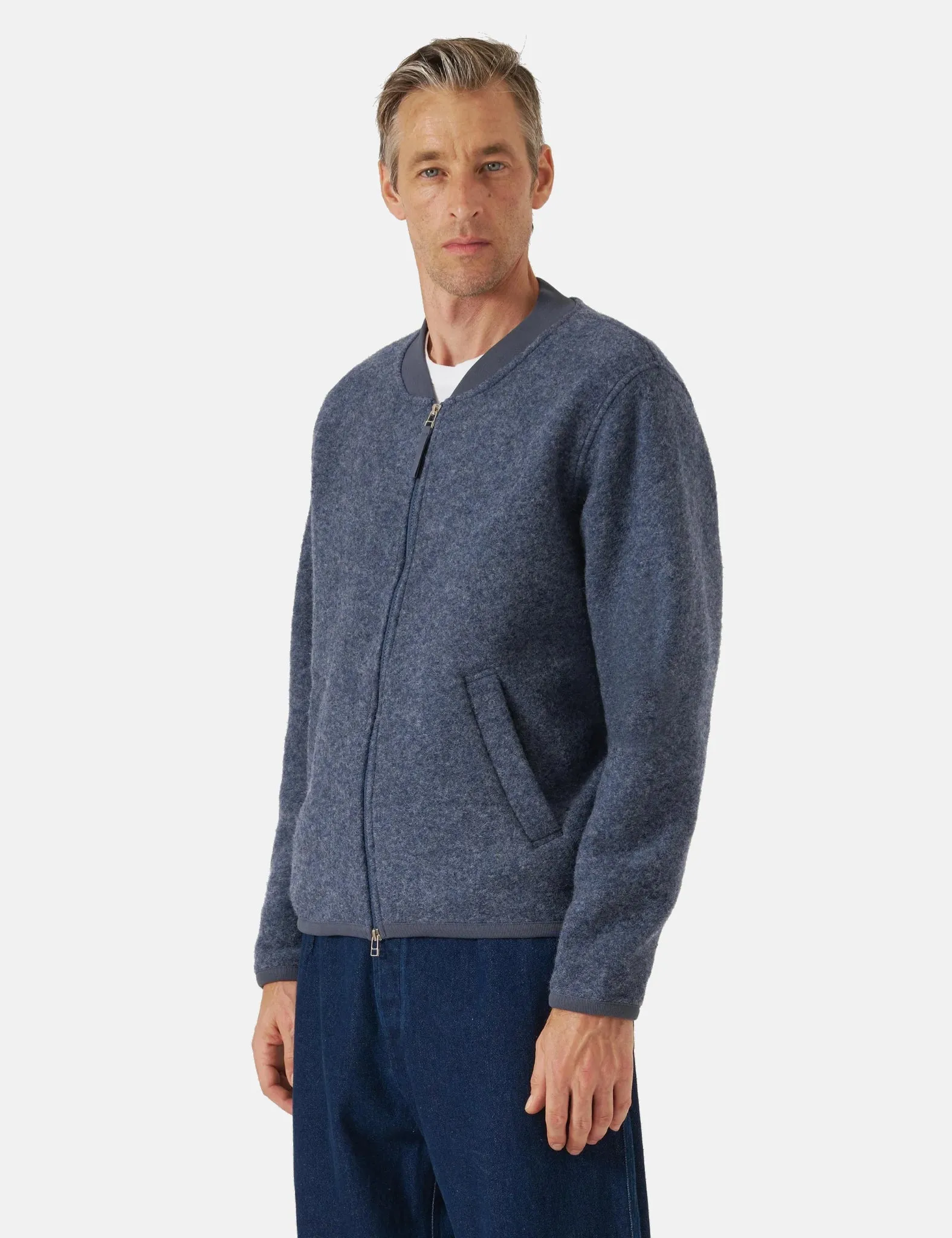 Universal Works Zip Bomber Jacket (Wool Fleece) - Slate Blue sold by Article London